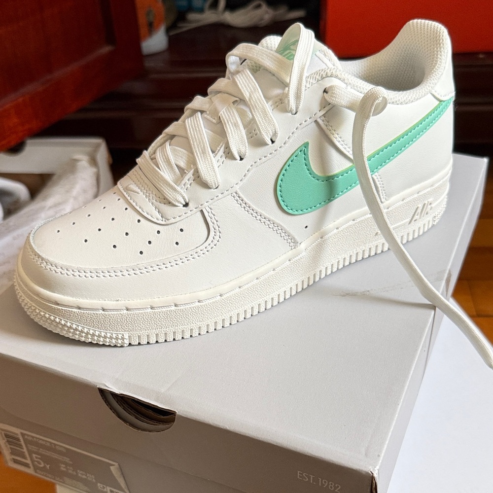 Nike Air Force 1 GS White Sneakers with Mint Green Swoosh